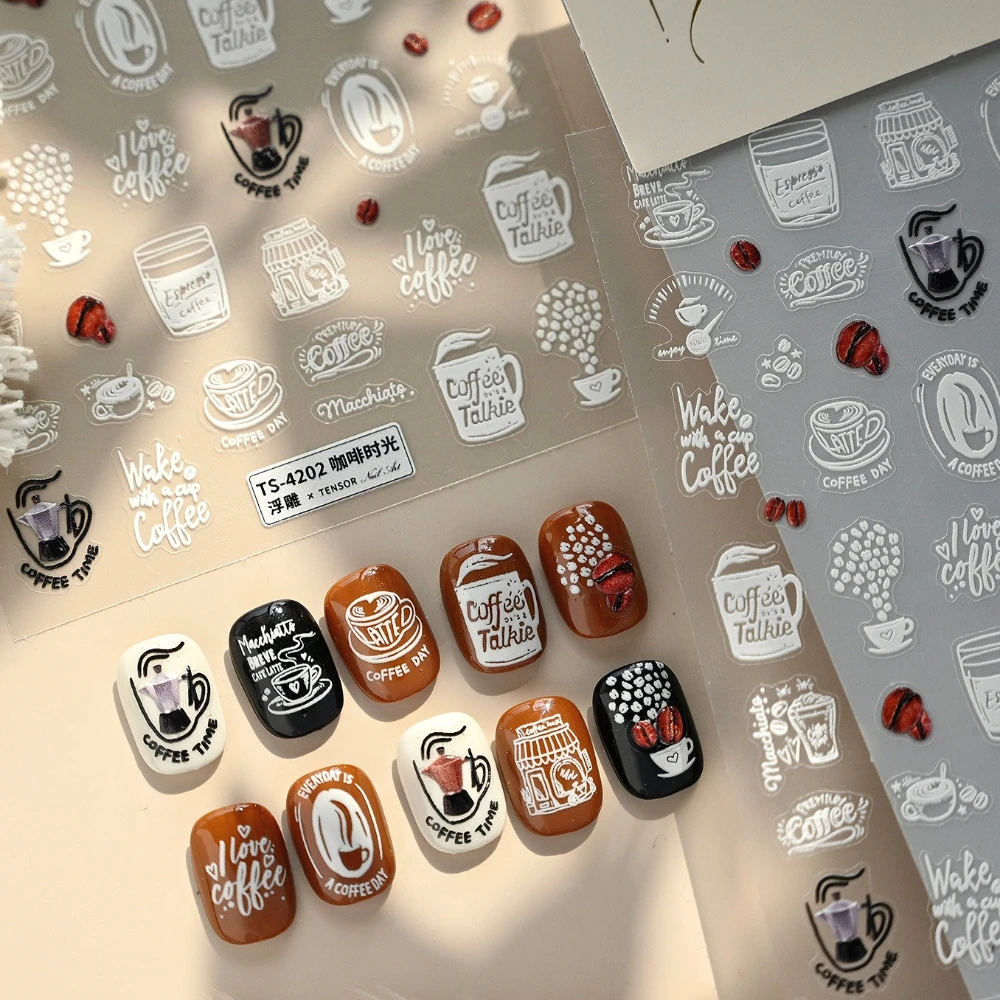 Graffit Koffiebonen Koffiepotten Coffeeshops Afternoon Moments 3D Zelfklevende Nail Art Stickers Cake Dessert Manicure Decals