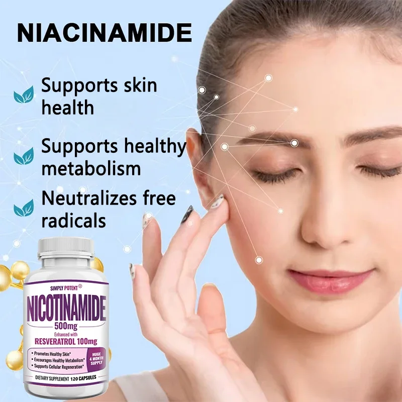 Vitamin B3 Niacinamide Resveratrol Supplement Capsules, Benefits Skin Health, NAD, Energy, Metabolism