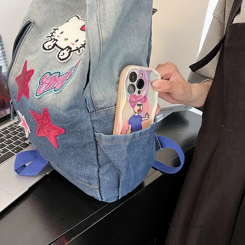 Sanrio Hello Kitty Fashion Book Bag Y2K Spicy Girl Style Cowboy Backpack Cartoon Large Capacity Versatile Student Shoulders Bag