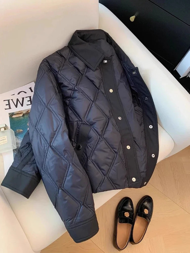 Black Rhombus Plaid，Flip Collar，Quilted Jacket，winter Jackets Woman，short Light and Thin Cotton Coat，2024 New in Outerwears