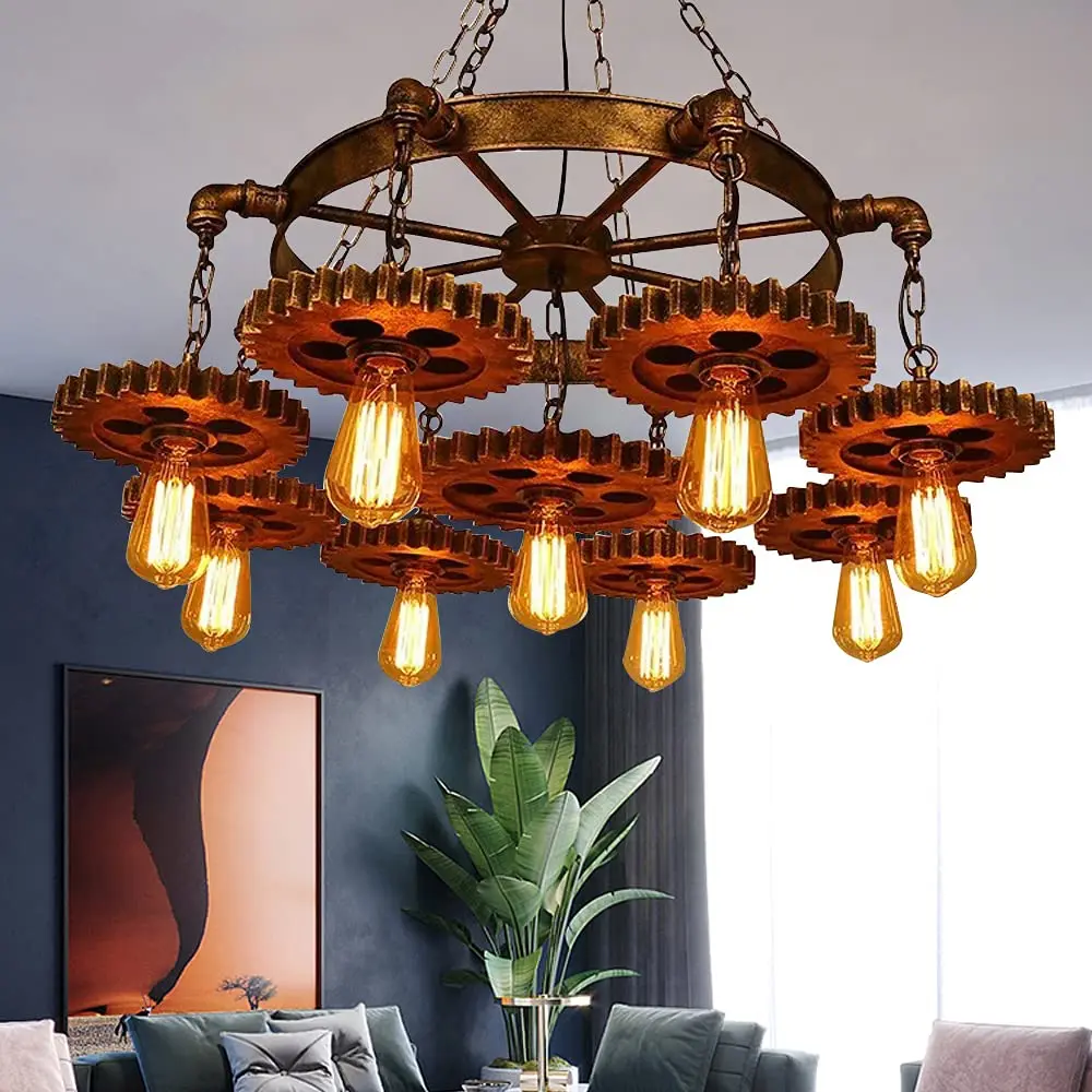 Lampadario industriale, lampada a sospensione rustica in stile Steampunk vintage a 9 luci, apparecchio di illuminazione a sospensione a soffitto in metallo per Resta