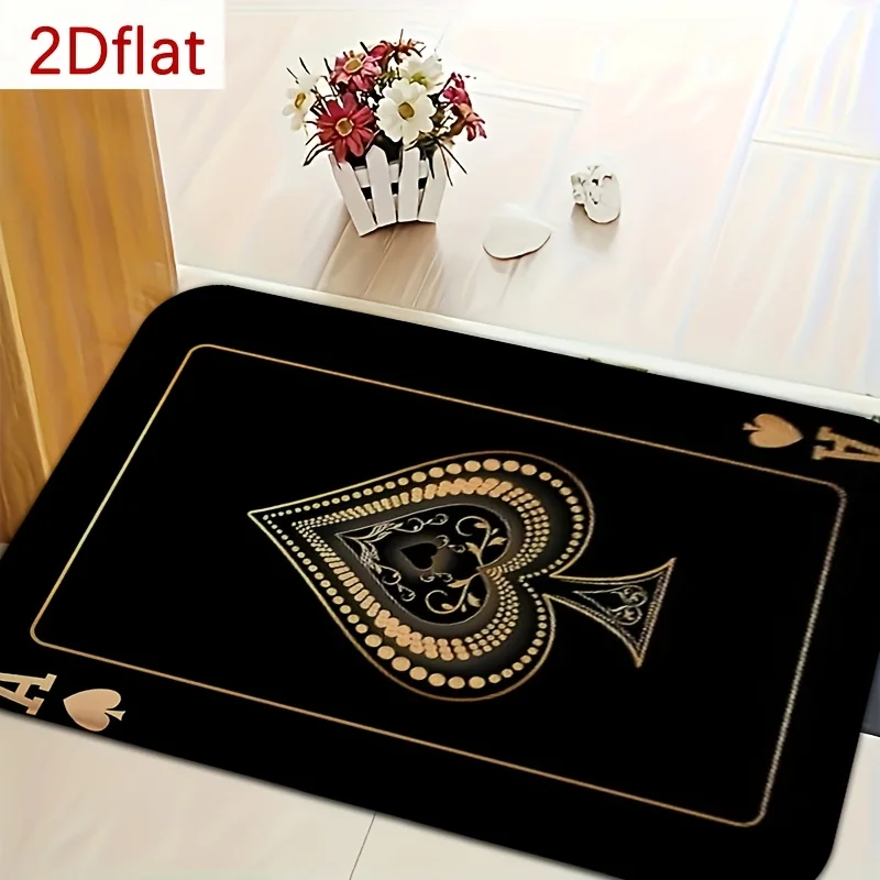 1pc 2D Flat Black Gold Ace Spades Poker Flannel Door Mat Non Slip Casino Theme Rug for Game Room Entrance Hall Decor