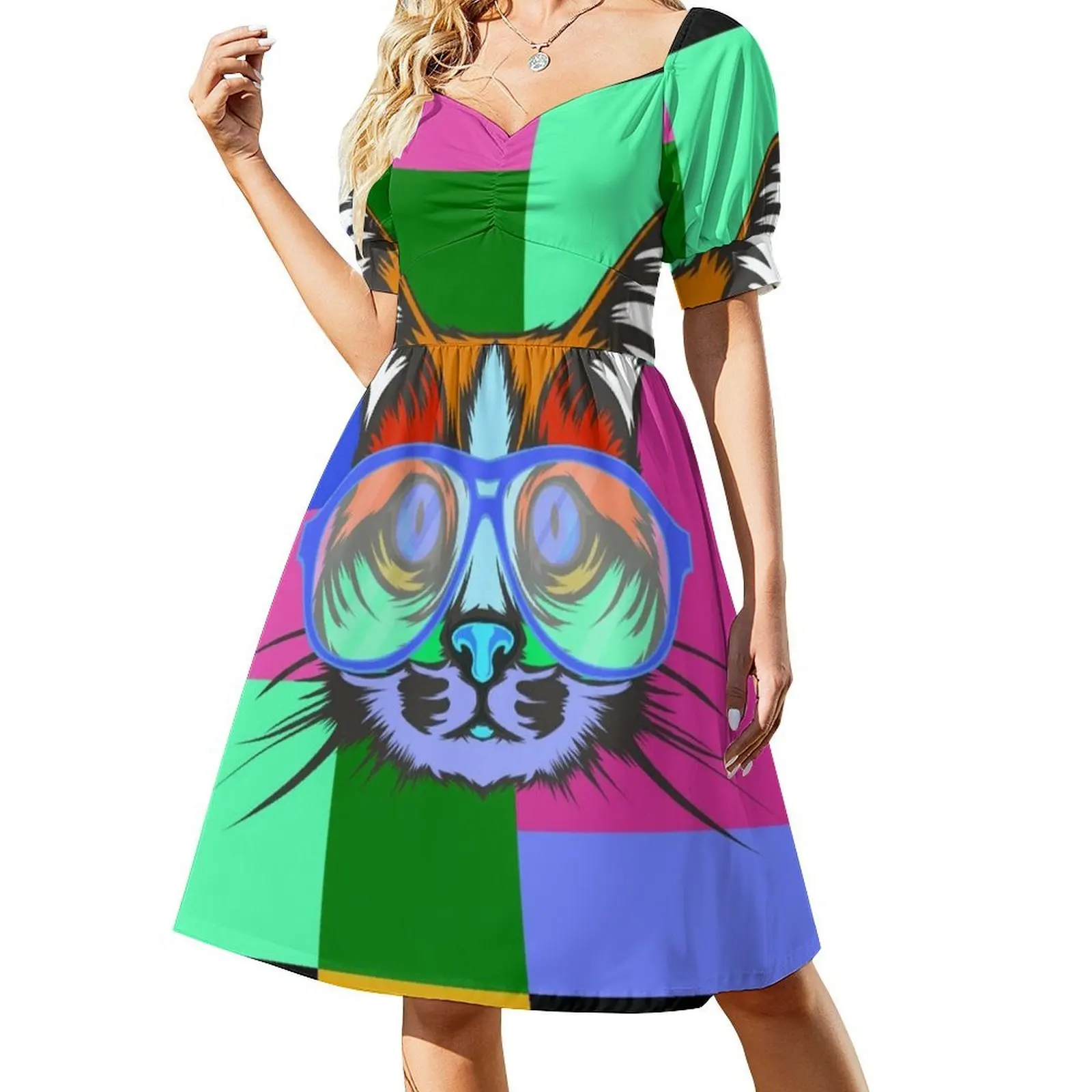 فستان كيتي بوهيمي بدون أكمام متعدد الطباعات لحفلات العطلات على الشاطئ، فستان كات كيتي كات مع نظارات ملونة لفن البوب، فستان سهرة #2