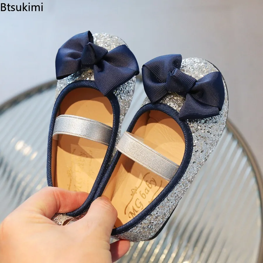 Girls' Casual Leather Shoes Spring Autumn New Fashion Sequins Bow Soft Sole Princess Shoes Student Party Breathable Single Shoes