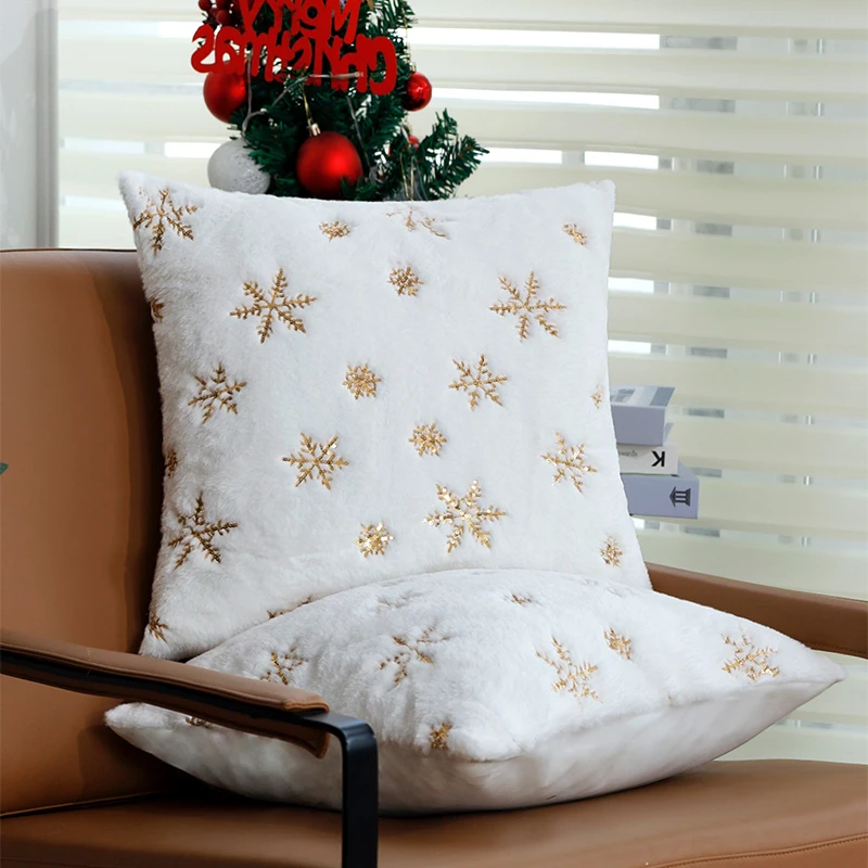 Christmas Cushion Cover Gold Snowflake Faux Fur For Living Room Home Decoration Christmas Decorative Pillow Cover 1pc No Filler