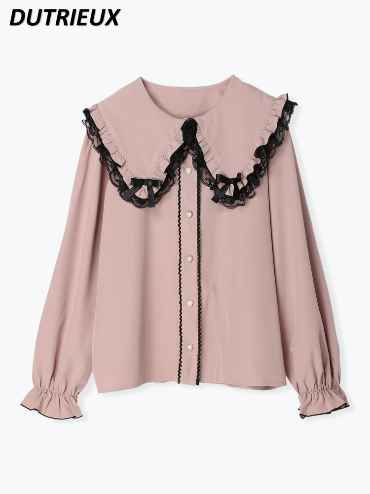 

Japanese Style Sweet Cute Lace Peter Pan Collar Long Sleeve Blouse Top Ladies Lolita Mine Shirt Women Autumn New Camisa De Mujer