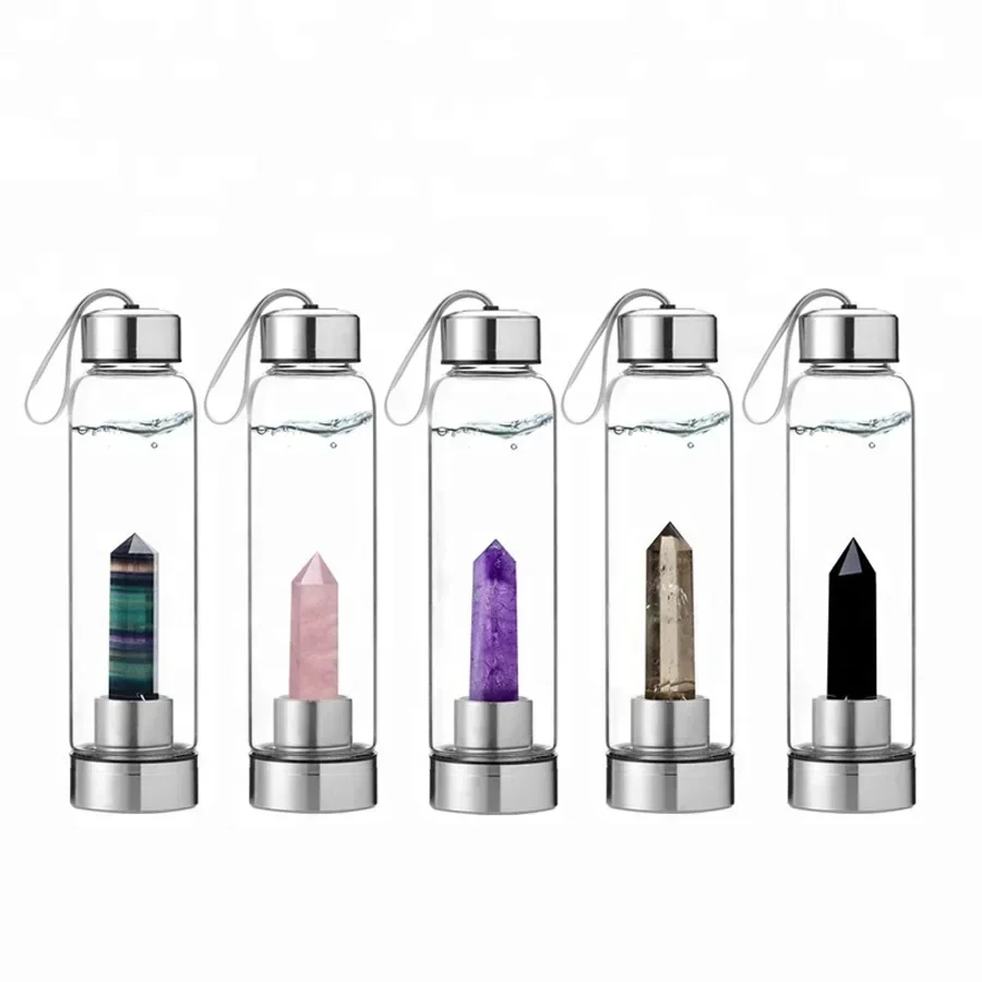 Water Bottle Natural Crystal Stone Diamond Point Healing Obelisk Wand Healing Elixir Quartz Crystal Gem Colors Rope Gemstone Cup