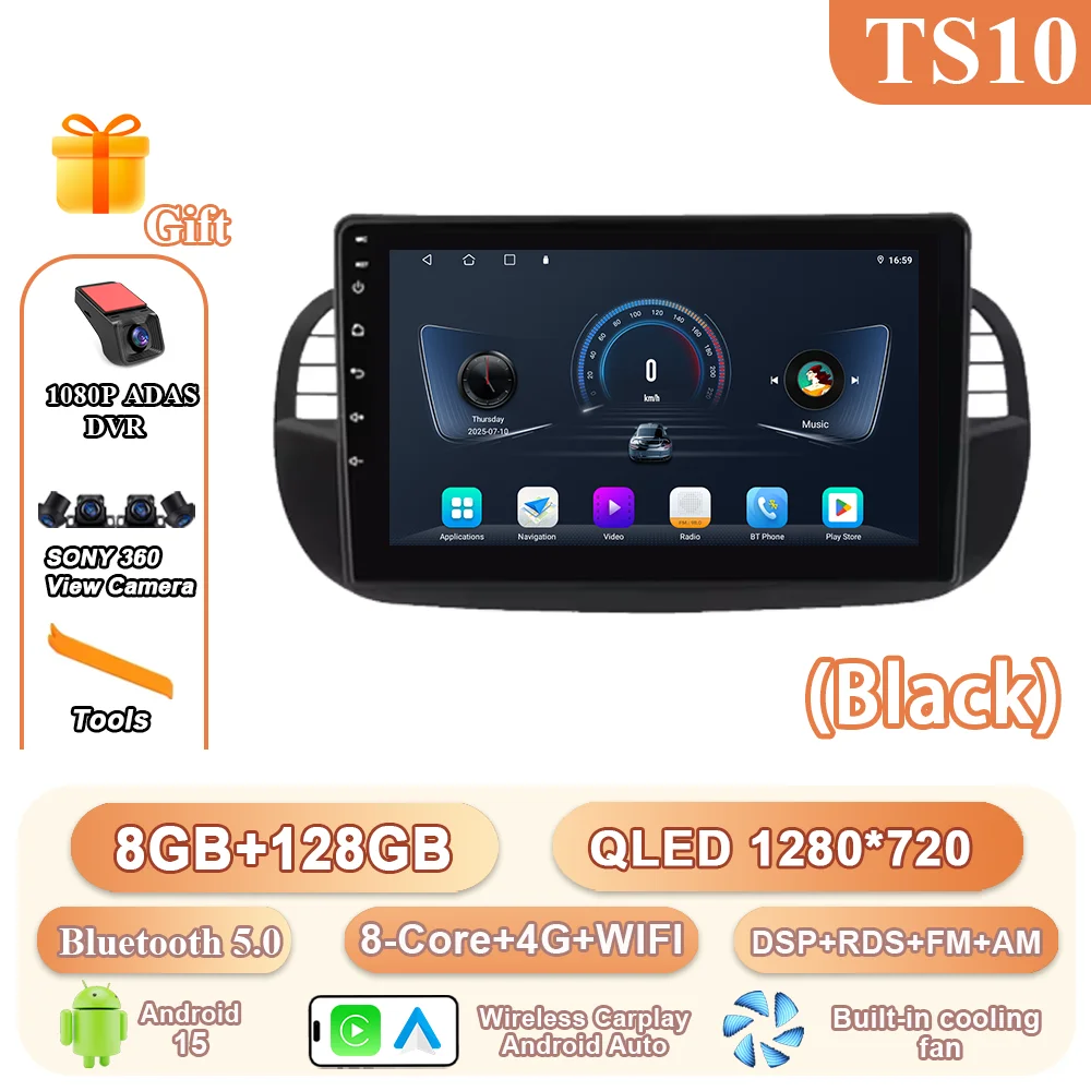 9 ''Android 15 Autoradio Stereo Voor Fiat 500 2007-2015 Auto GPS Navigatie Stuurbediening Multimedia Carplay 4G + WIFI
