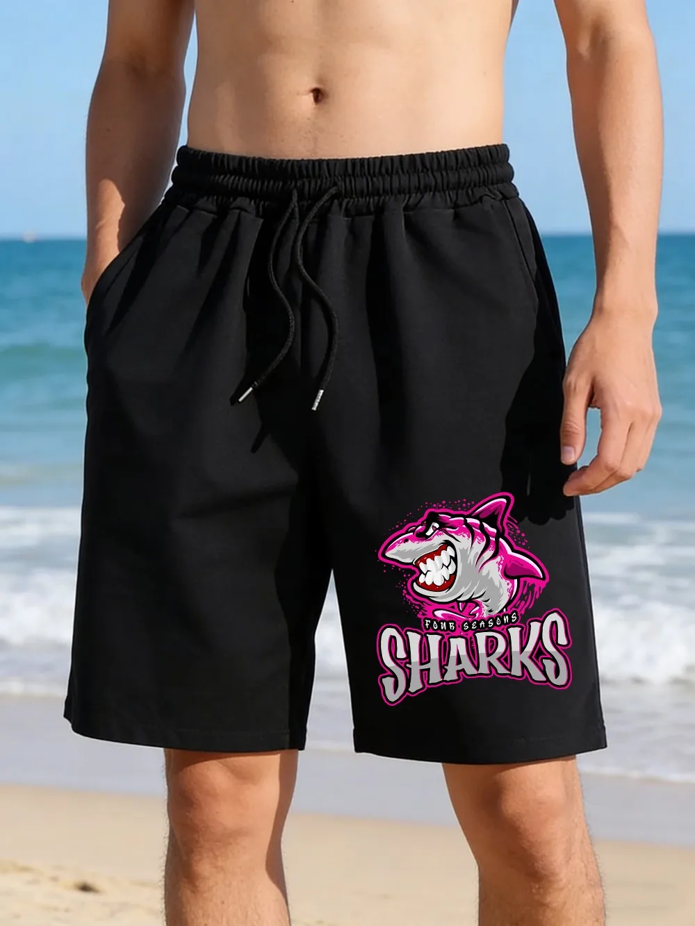 

Foub Seasons Pink Sharks Printed Pants Mens Summer Oversized Wide Shorts Jogging Pocket Shorts Basics High Waisted Male Clothes