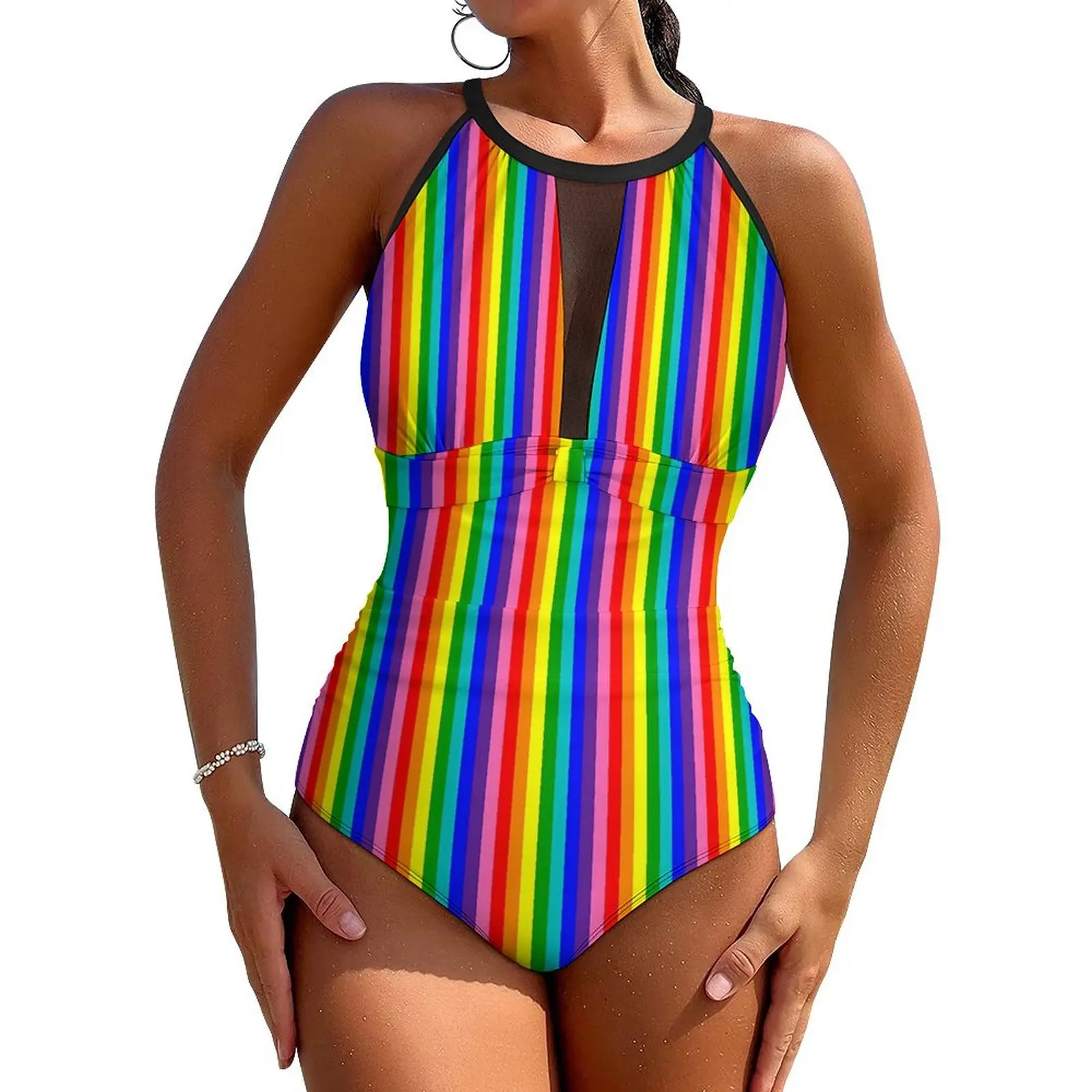 Rainbow Pride Flag Swimsuit Vertical Eight Stripe One Piece Swimwear Push Up Classic Bathing Suit Holiday Rave Beach Outfits