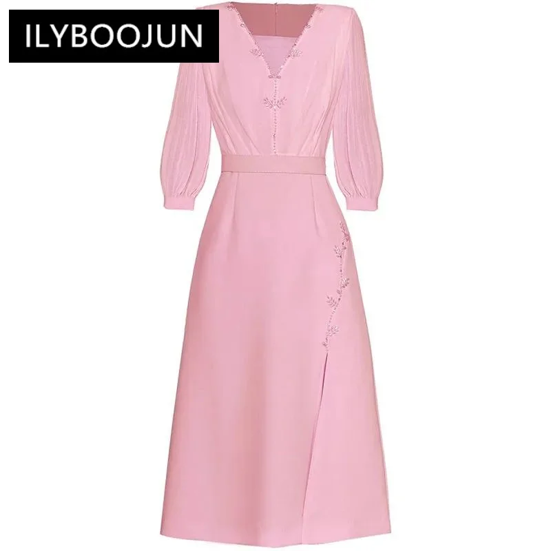 

ILYBOOJUN Fashion Runway dress Spring Summer Woman's Dress V-Neck Three Quarter Sleeve Pearl Beading Slim Elegant Split Dresses