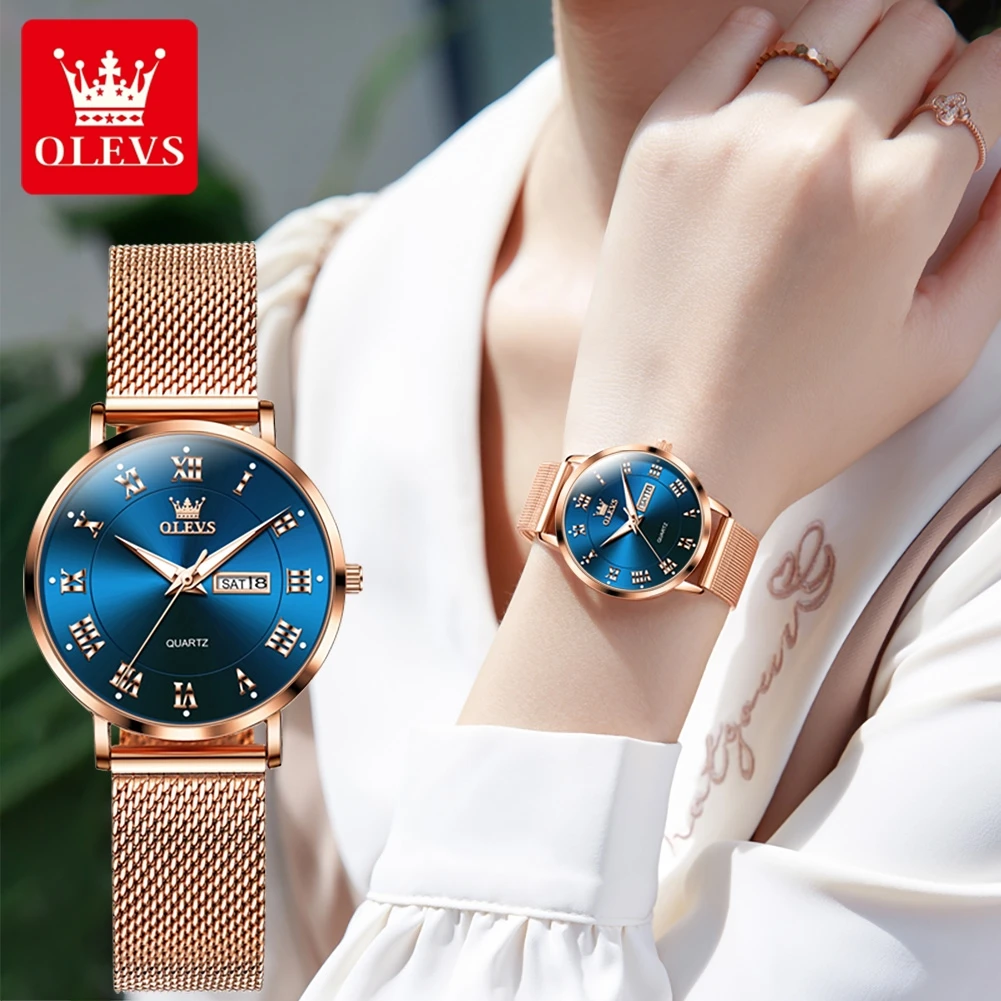 OLEVS Rome Time Quartz Watch Women Rose Gold Blue Ladies Bracelet Watches Female Clock Relogio Feminino Montre Femme