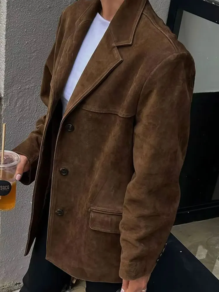 HH Trendy Suede Blazer For Women Autumn Causal Solid Color Single Breasted With Pockets Long Sleeves Lapel Retro Coats