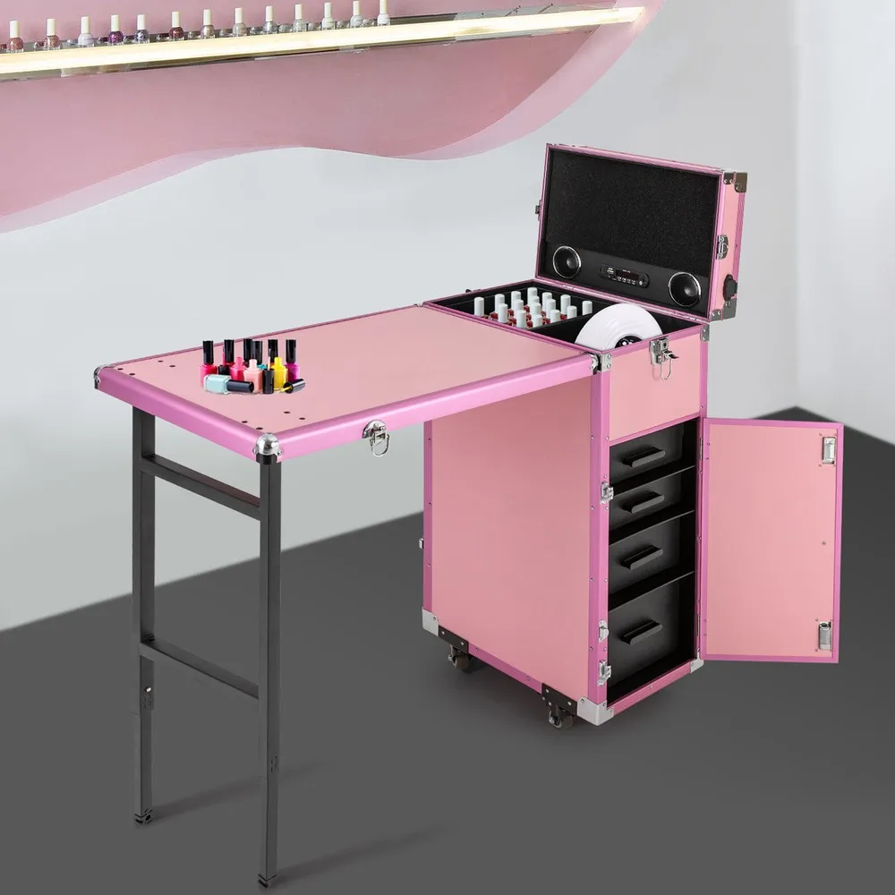 

Rolling Nail Desk Mobile Station Makeup Train Case Manicure Table with Speaker