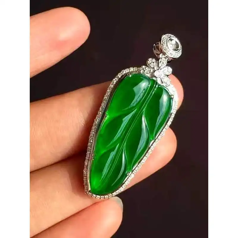 Natural ice-grade positive pendant, 1k gold inlay, genuine Burmese full green golden leaf jadeite