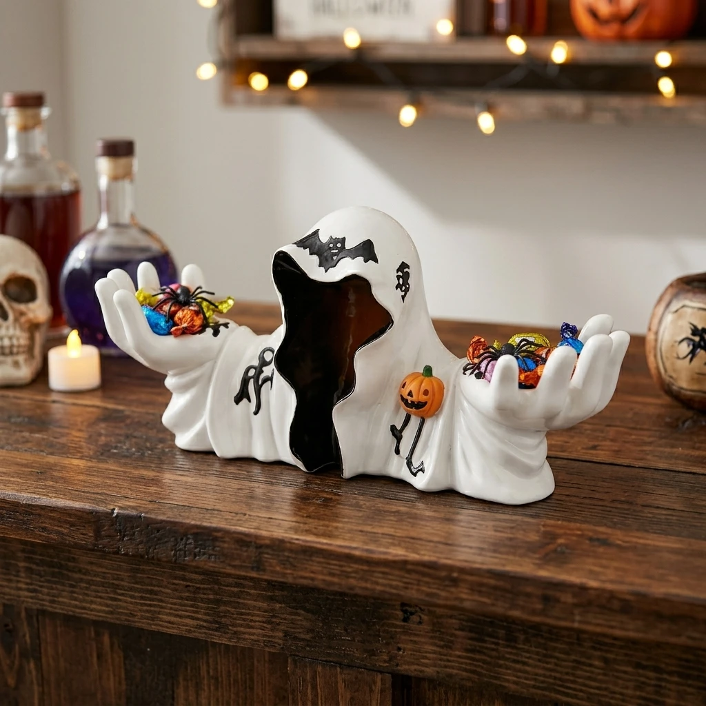 Grim Reaper Wizard Candle Holder Resin Gothic Halloween Decor White Robe Statue 22cm For Party Table Bar Entryway Holiday Decor