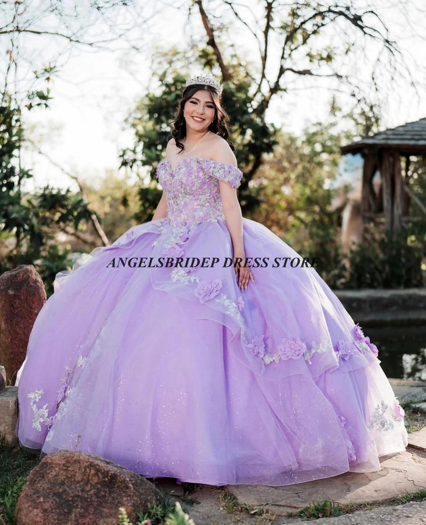 ANGELSBRIDEP-Vestido de tule feminino, vestido lilás quinceanera, vestido de festa mexicano, floral inchado, tule de glitter, 16 anos, 16 anos, 2024 anos