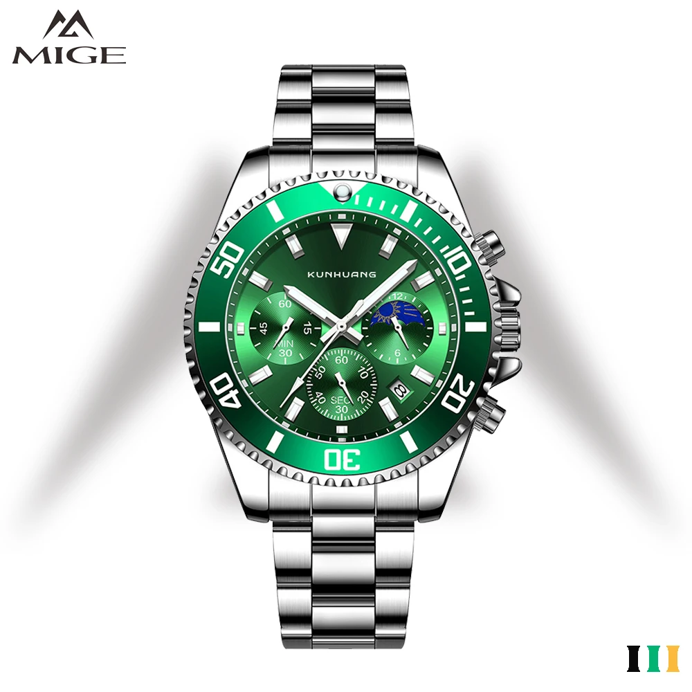 

KunHuang Top Brand Quartz Watch For Man Stainless Steel Calendar Moon Phase Waterproof Dive Sport Man‘s Wristwatch’