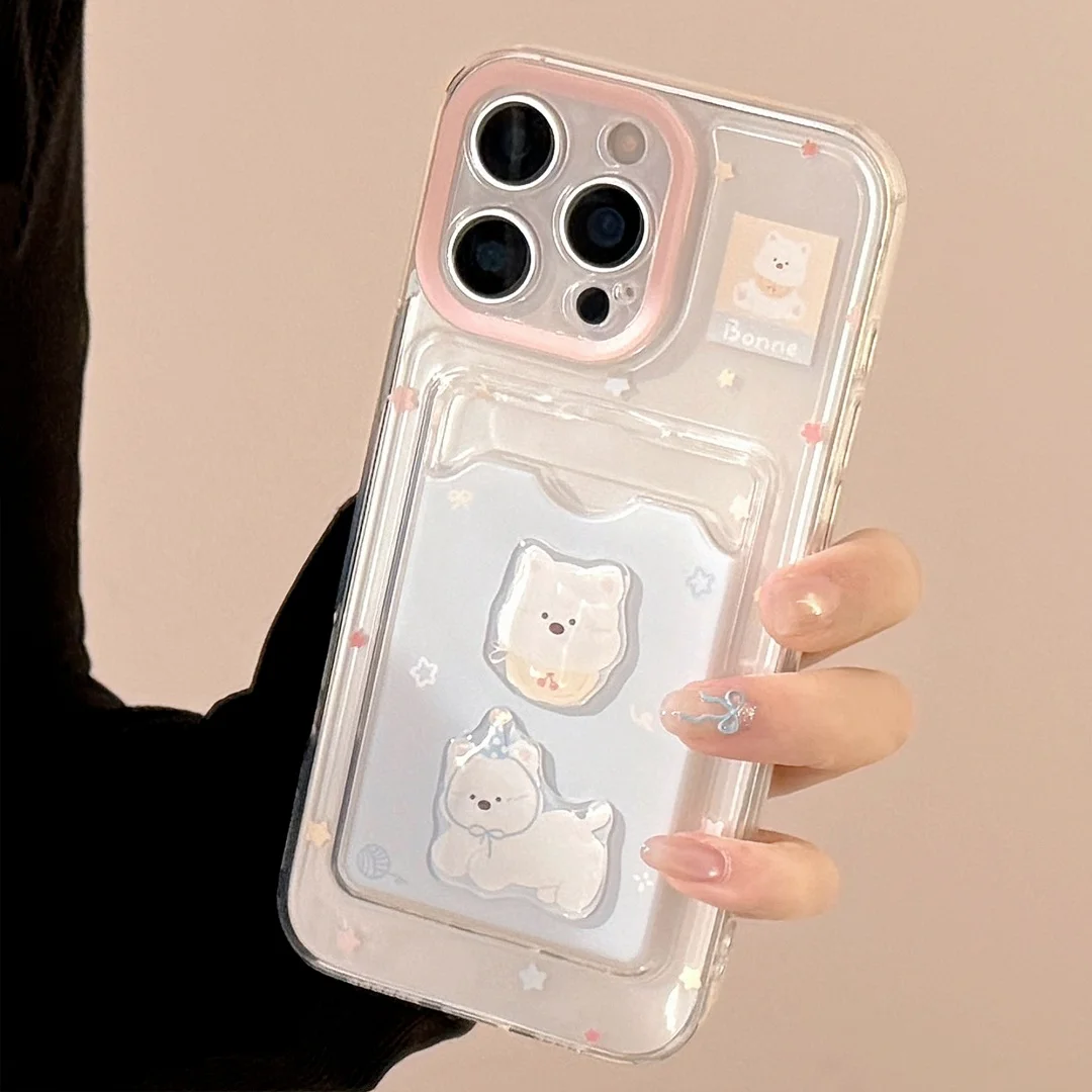 

Korean Cute Little Dog Card Holder Phone Case For iPhone 16 15 14 13 12 11 Pro Max Plus Wallet Shockproof Soft Cover Funda ﻿