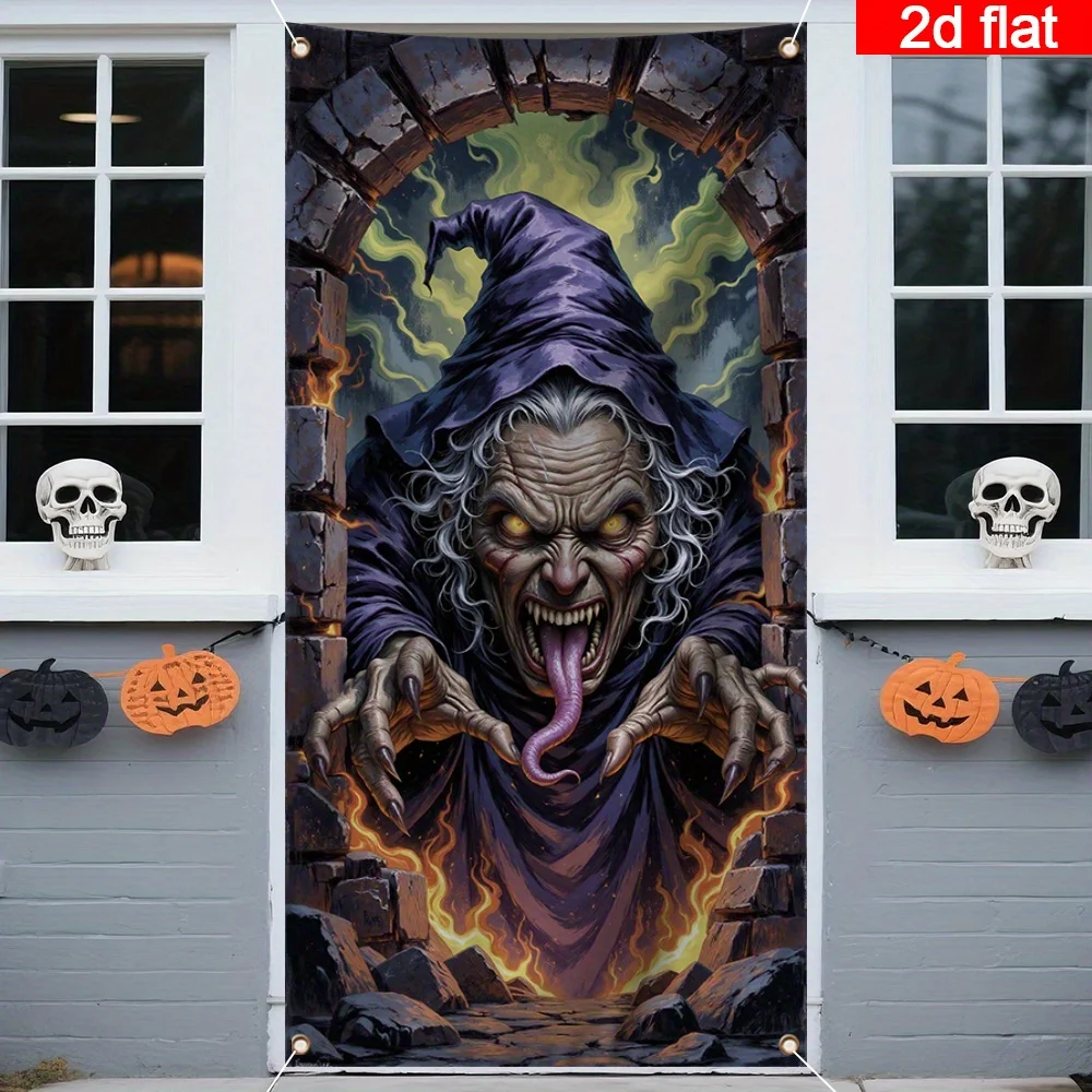 طائرة ثنائية الأبعاد، لافتة باب ثنائية الأبعاد، لافتة باب كبيرة للهالوين - ساحرة الشبح، ديكور منزلي مسكون على الطراز القوطي