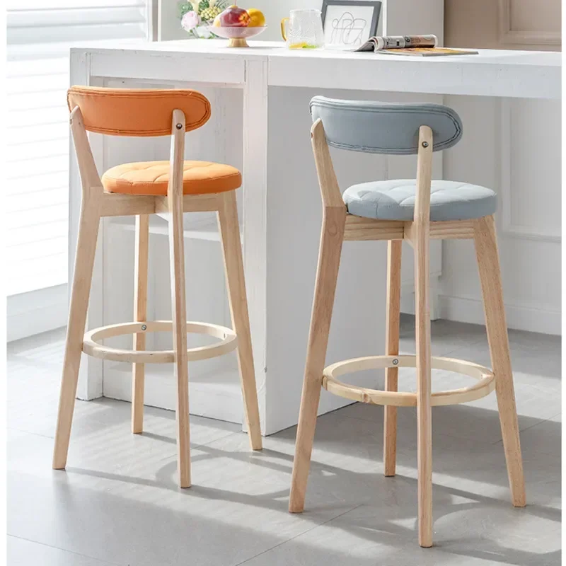 Nordic Bar Chairs Solid Wood High Legged Dining Seat Comfortable Backrest Cashier Stool Stable Load-bearing Modern Furniture