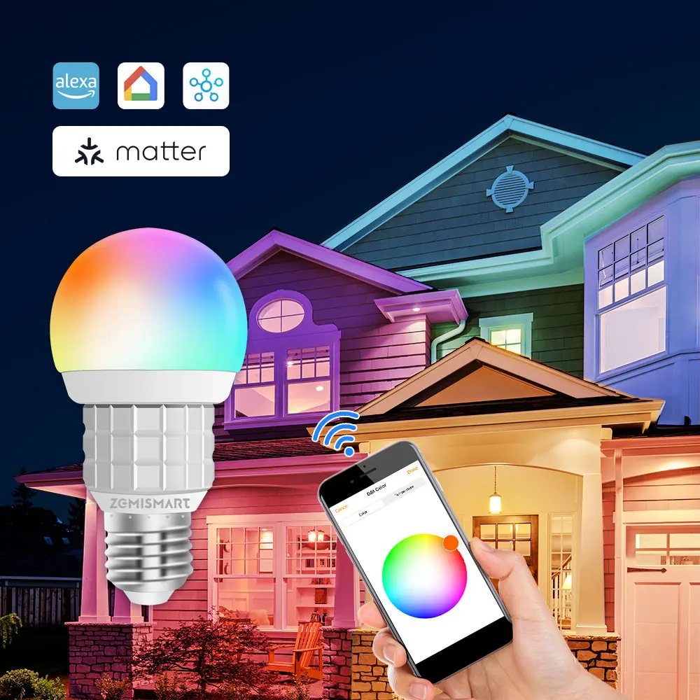 Zemismart Matter Over WiFi 7W Smart LED Light Bulb RGBCW E27 Dimmable Lighting SmartThings Siri Alexa Google Home Voice