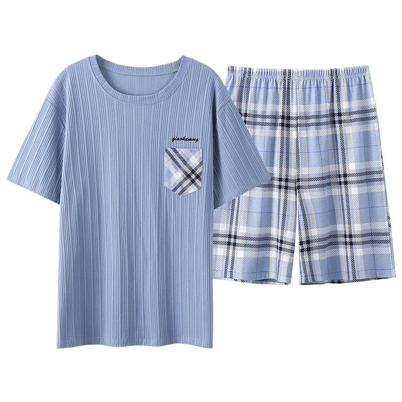 Conjunto de pijama a cuadros para hombre, ropa de dormir con cuello redondo, pantalones cortos de manga corta, trajes de ocio para estar en casa,