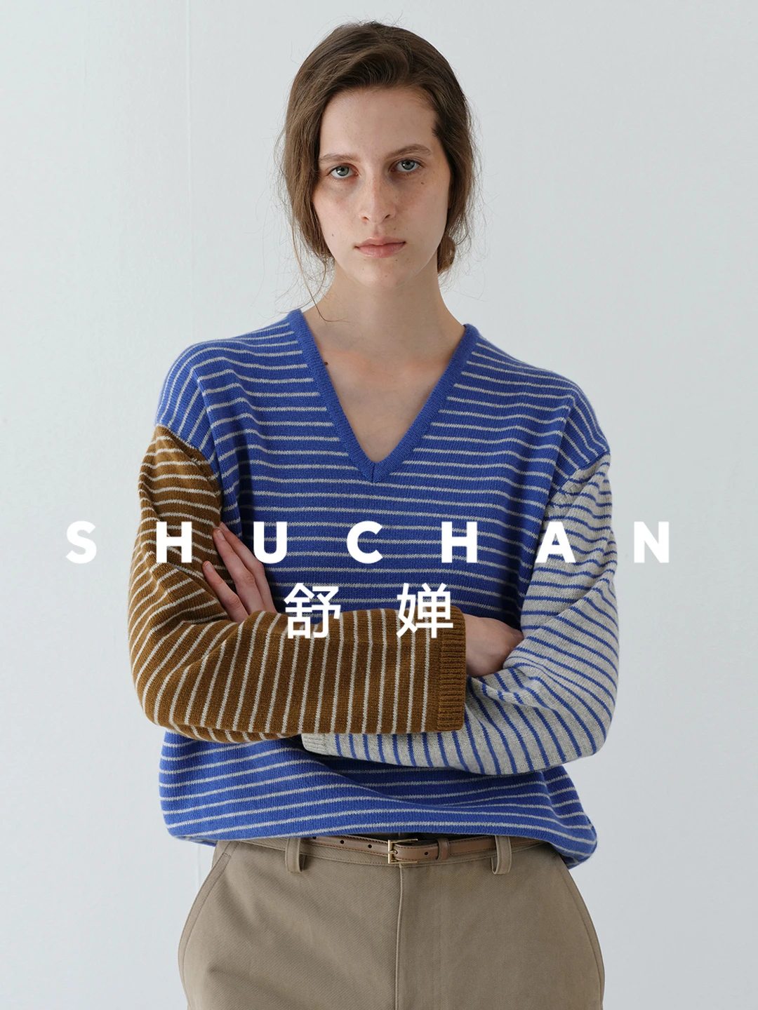 

Striped sweater women's autumn and winter new loose high-end V-neck knitted sweater pullover 100% wool