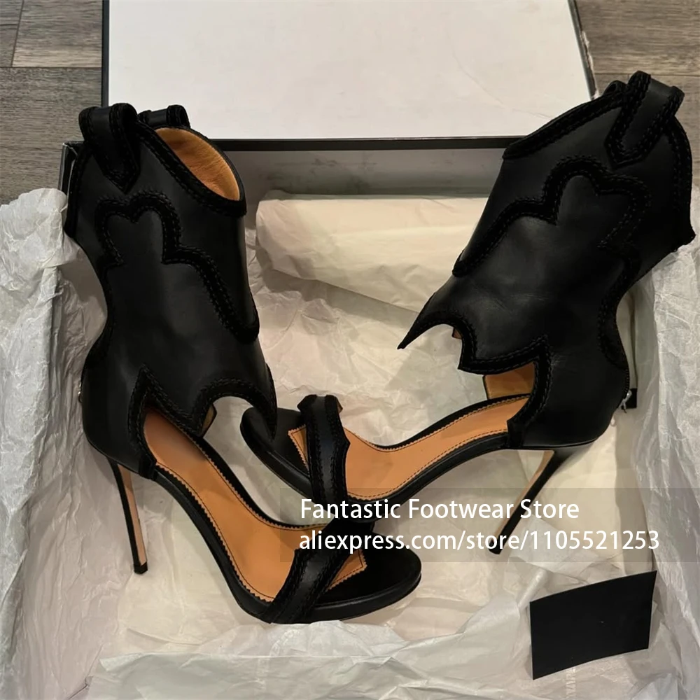 

Cow Print Pony Hair Ankle Sandals Boots Braided Trim Cutout Stiletto High Heels Red Suede Open Toe Zipper Summer Boots for Women