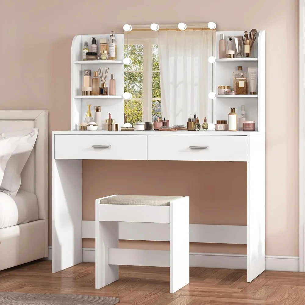 

Makeup table with mirror and 10 LED lights, makeup table set with 2 drawers and open shelves, white