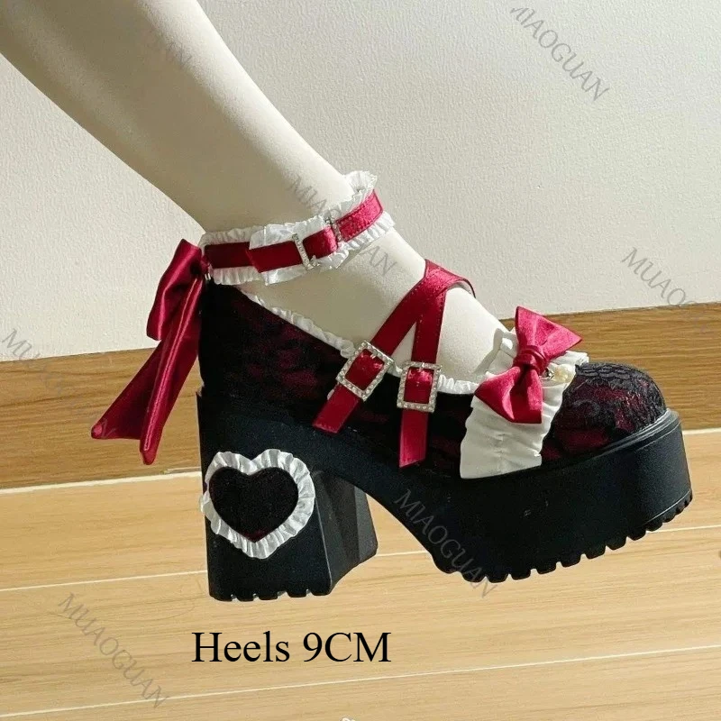 2026 neue Gothic Sweet Lolita Heels für Frauen Chunky Plattform Bowknot Schnalle Pumps Mode High Heels Spitze Mary Jane Schuhe