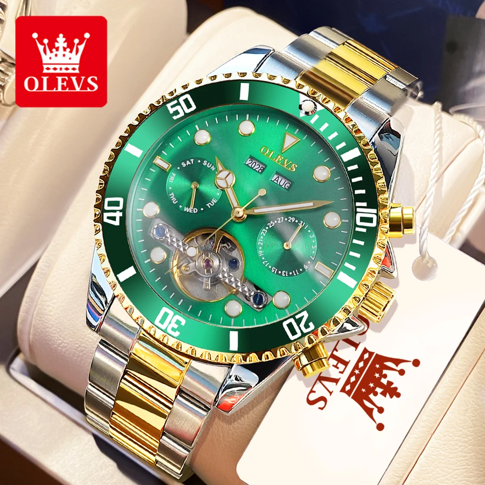 

OLEVS 6605 Multifunctional Men's Watches Flywheel Hollow Stainless Steel Automatic Mechanical Watch for Man Luminous Waterproof