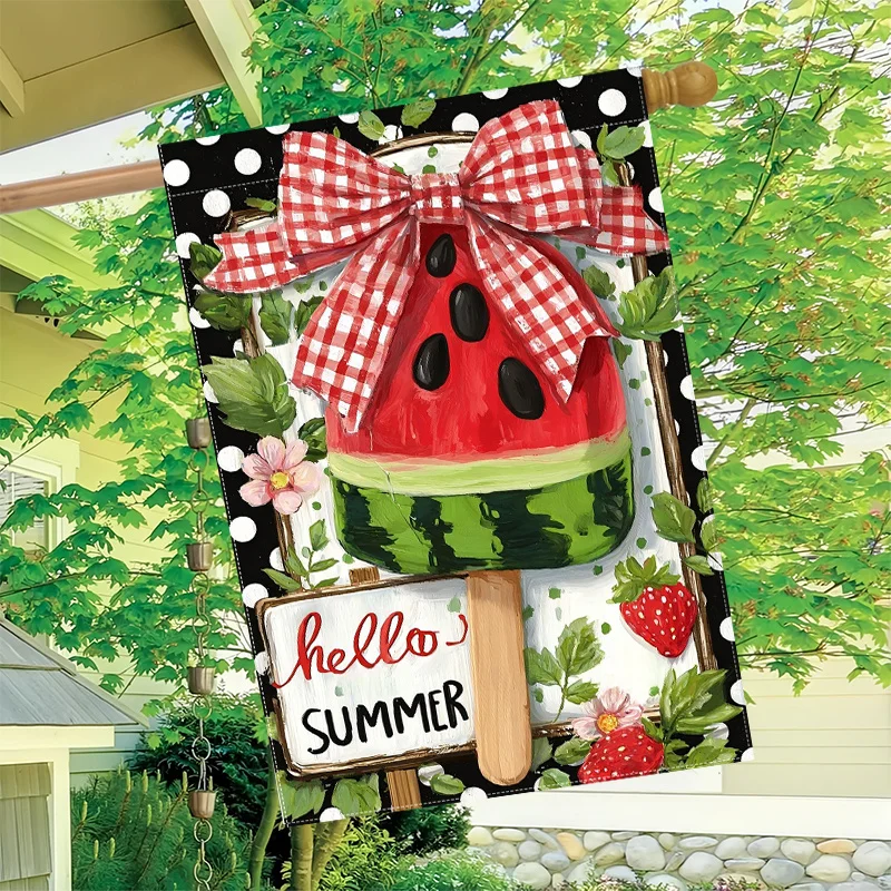 1pc 28x40 Inch Hello Summer Garden Flag Watermelon Ice Cream Polka Dots Double Sided Outdoor Yard Lawn Home Decor