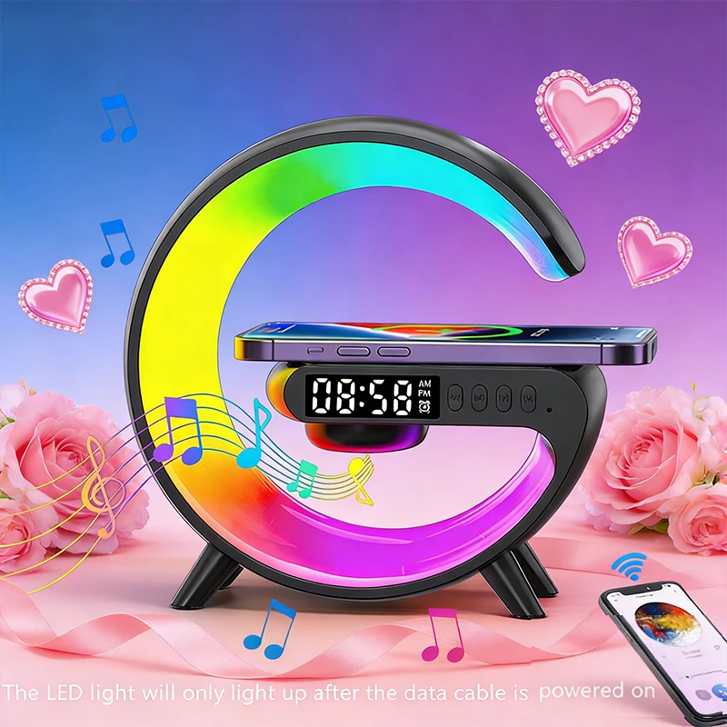 

Беспроводная Bluetooth-колонка для спальни с амбиентной подсветкой и будильником, креативная офисная подставка для беспроводной зарядки iPhone 17, 16, 15, Samsung