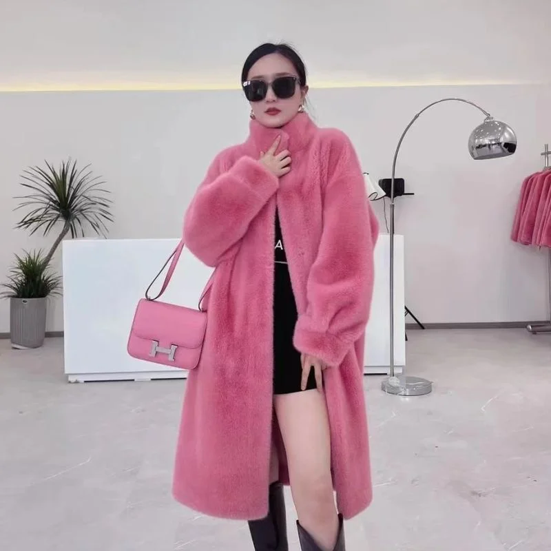 2025 Design Sense nuevo abrigo de piel sintética chaqueta de piel integrada para mujer cortavientos peludo suave grueso de longitud media prendas de vestir exteriores