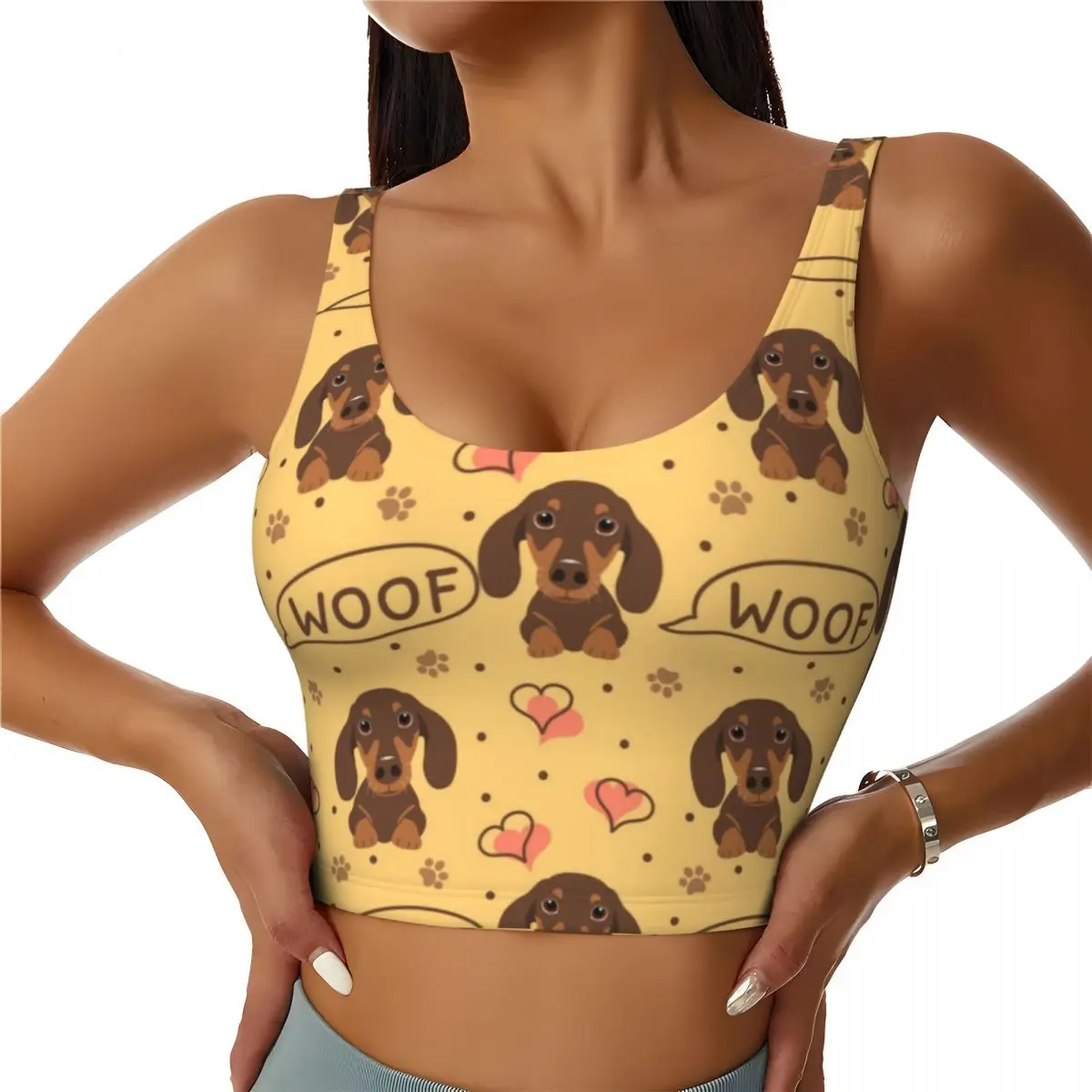 Custom Love Chocolate Dachshund Sausage Dog Sports Bra Women's Pet Puppy High Impact Workout Yoga Crop Top