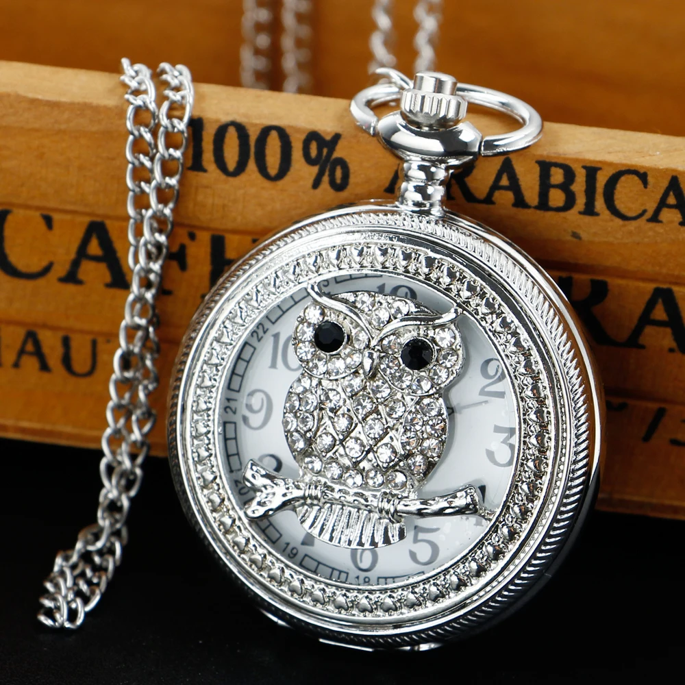 Silver Diamond-Studded Owl Carved Quartz Necklace Pocket Watch Steampunk Pendant Men's Women's Children Fob Watch Gift