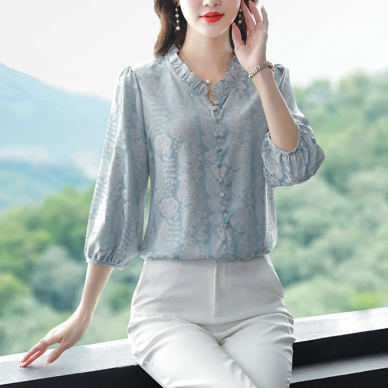 M-3XL Fashion Floral Printed Silk shirt New Retro Women top 3/4 Sleeve Casual Pullover Blouse