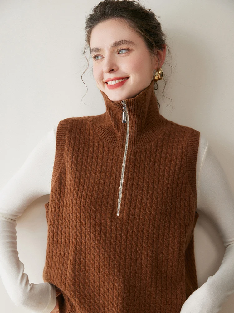 

Women Cashmere Sweater Waistcoat Half Zip Mock Neck Pullover Autumn Winter Sleeveless Twist Flower Loose Vest 100% Cashmere Knit