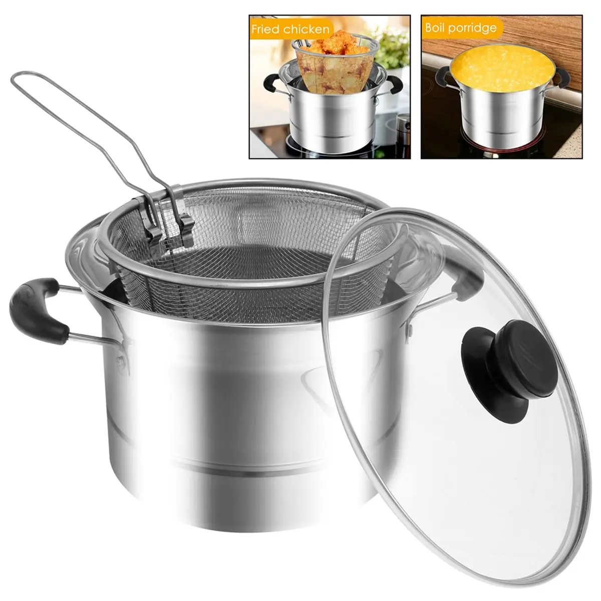 A67T NEW Deep Fryer Pot Stainless Steel Fry Pot with Strainer Basket Portable Deep Fryer Multifunctional Deep Frying Pot
