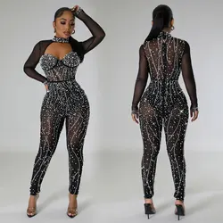 Amazon Hot Selling European and American Fashion Women's Solid Color Mesh Hot Diamond Long Sleeved Pants Jumpsuit