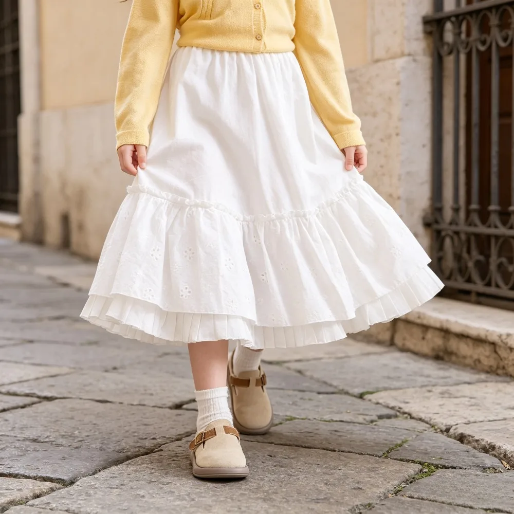 Girls White Long Skirt Cotton Tiered Ruffle Hem Pleated Detail Smocked Waist Ankle Length French Style Sweet Daily Party Wear