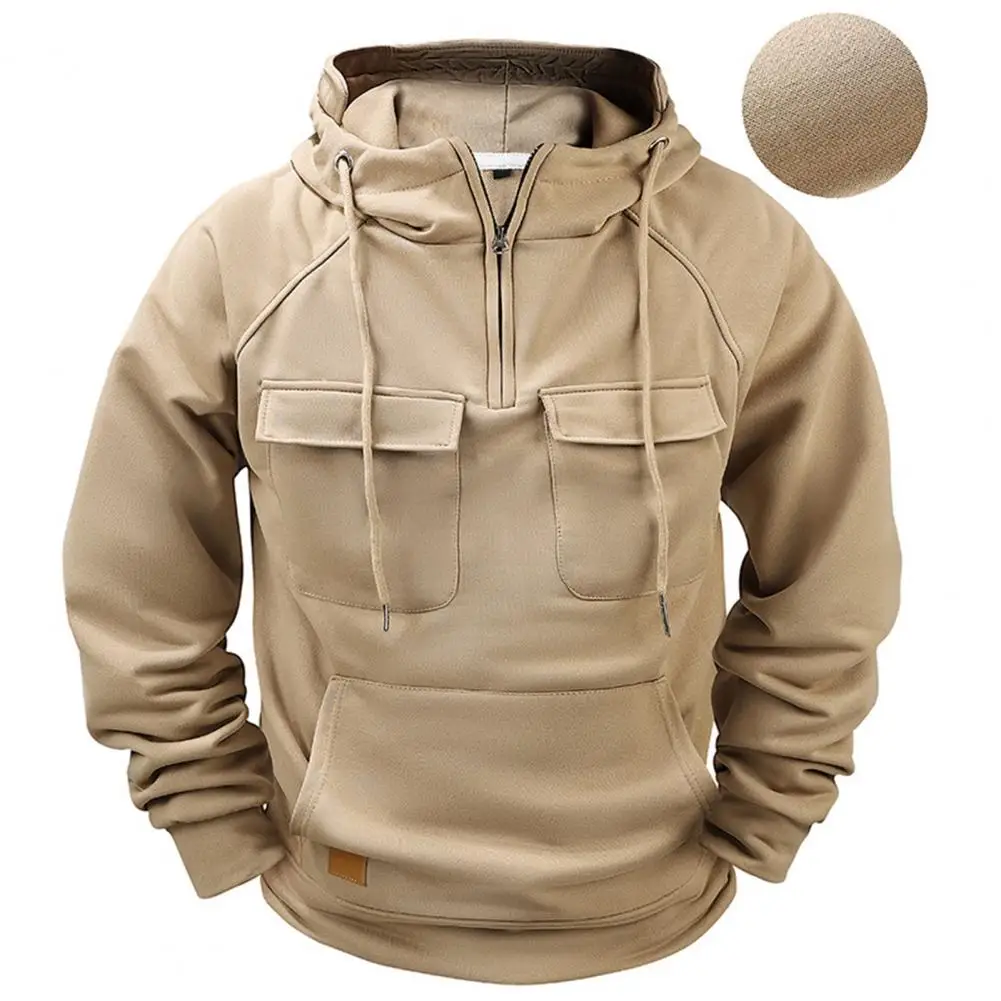 Warm Winter Hoodie Men's Cargo Style Sport Top with Multi Pockets Drawstring Hem Half Zipper Hoodie for Fall Spring Thickened