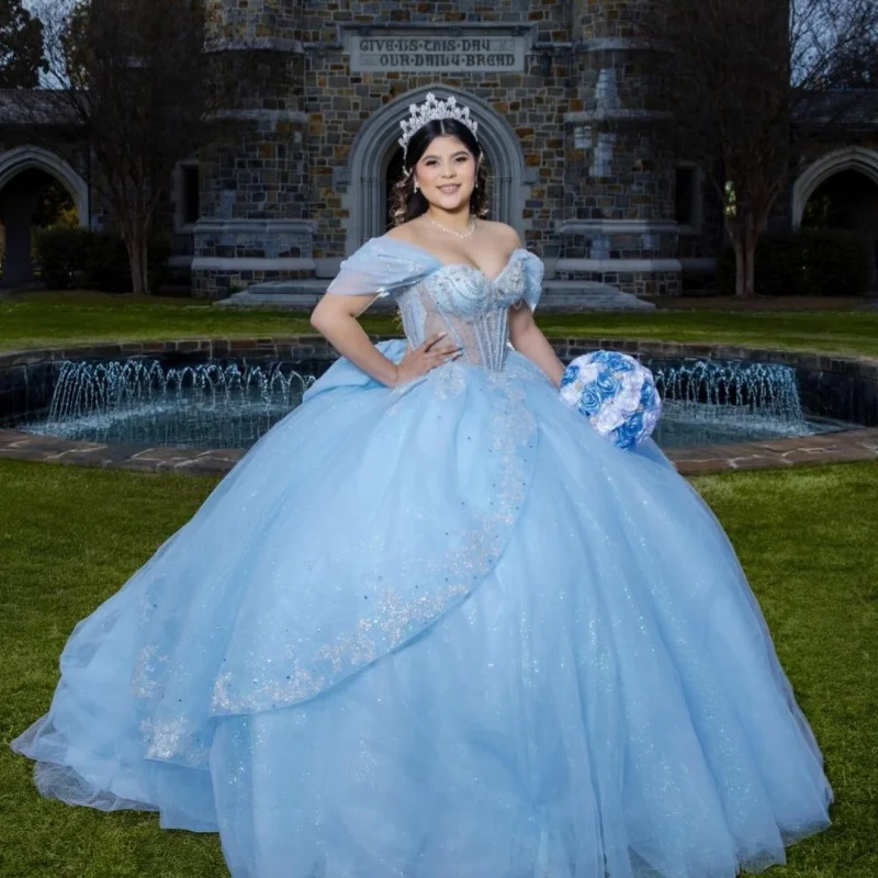 

Sky Blue Quinceanera Dresses Off the Shoulder Glitter Crystal Decal Layering Long tail Bow Vestidoe 15 Quinceanera Customize