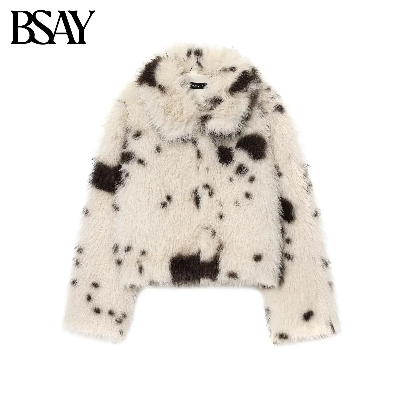 

BSAY Artificial Fur Effect Animal Pattern Coat for Women Fashion Winter New Long Sleeved Lapel Short Coats Chic Ladies Tops