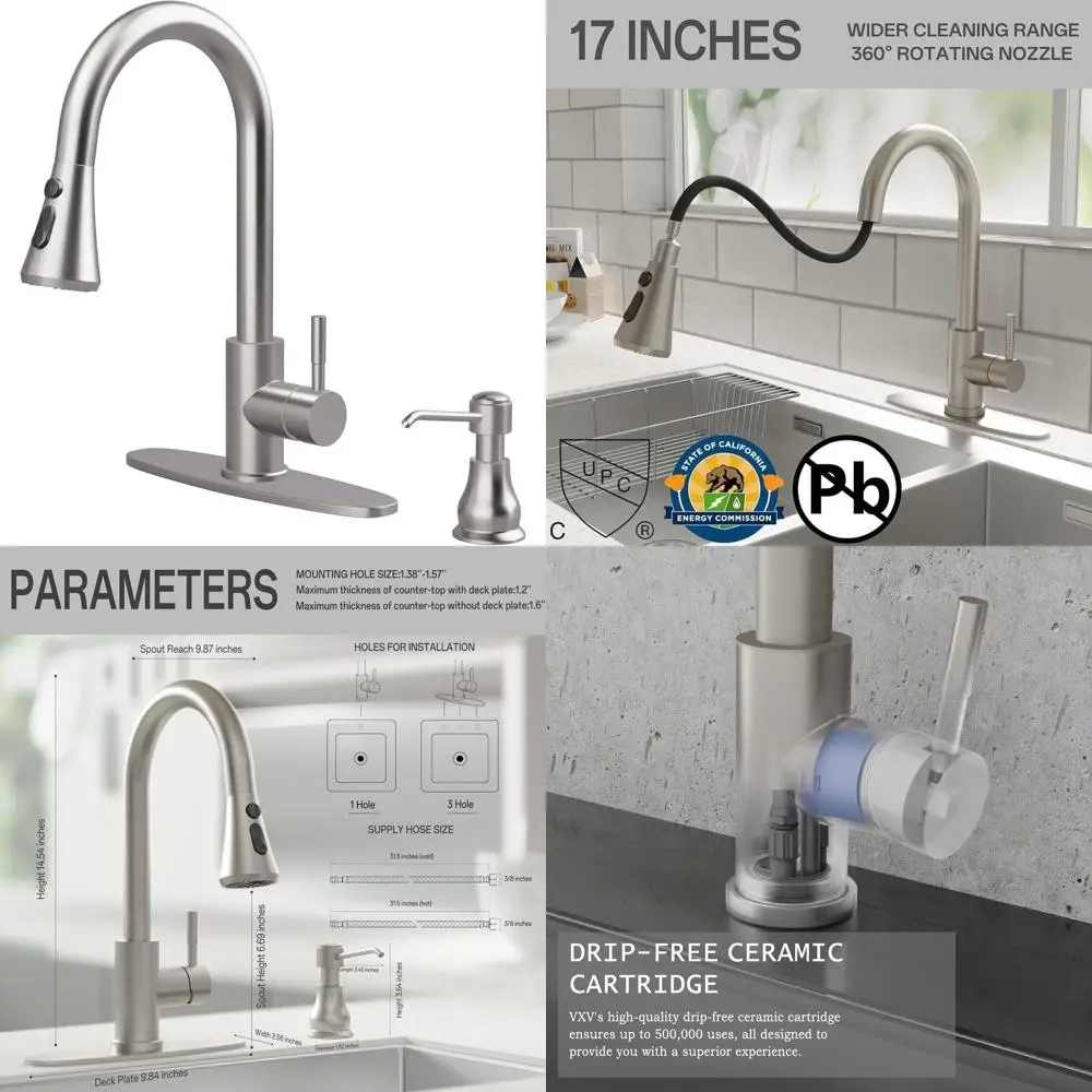 

Кухонный смеситель из нержавеющей стали с дозатором для мыла, выдвижным распылителем, декоративной накладкой и адаптерами 1/2 дюйма для бара и автодома