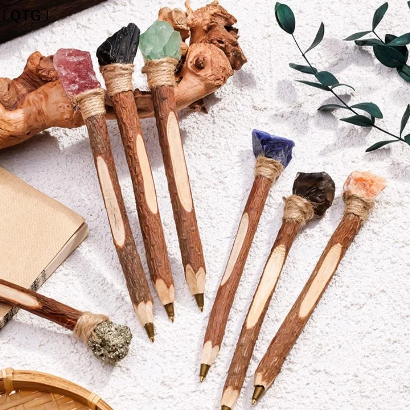 〔QTG〕Vintage Natural Rough Crystal Ballpoint Pen Log Craft Decorative Handmade Stone Scepter Pen Wooden Signature Pen Students
