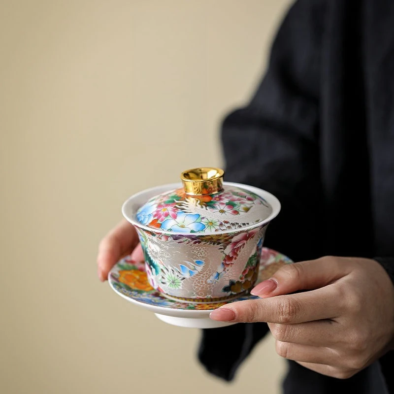 Enamel‑painted ceramic three‑piece gaiwan teacup, dragon‑phoenix patterned tea bowl, high‑end Chinese‑style tea‑offering bowl