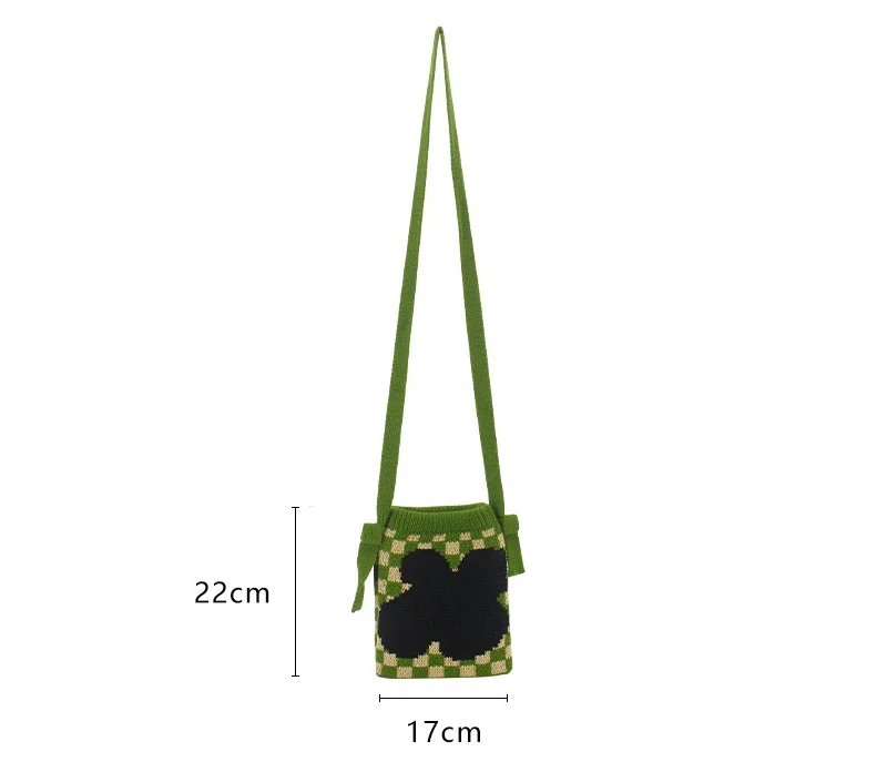 Female Casual Knitted Checker Plaid Square Side Sling Shoulder Bag Kids Girl Crochet Small Mini Mobile Phone Pouch Crossbody Bag