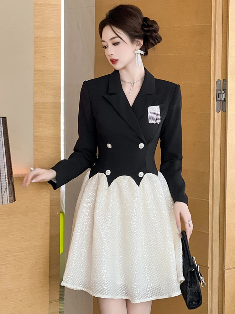 

Fashion Elegant Party Dresses for Women Sweet Black White Patchwork Diamond Tassel Double Breasted Ball Gown Prom Office Vestido